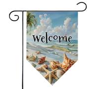 Mintoprints Bandiera da giardino di benvenuto sulla spiaggia dell'oceano, 30,5 x 45,7 cm, double face, tropicale, spiaggia, stella marina, conchiglia, losanga, cortile, bandiera decorativa per esterni