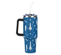 Mintoprints Tazza da viaggio isolata in acciaio inox con manico e coperchio con cannuccia, motivo razzo spaziale, 1,18 l, colore: blu