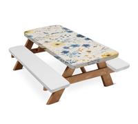 Mintoprints Tovaglia da picnic vintage con copertura per panche, con fiori gialli e blu, impermeabile, elastica, per tavoli da 182,9 cm, set da 3 pezzi