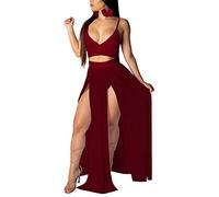 Mintsnow Abito Sexy da Donna in 2 Pezzi con Cinturino in Chiffon con Scollo a V Profondo Reggiseno Crop Top con Spacco Alto Maxi Abiti Gonna Set.., Y Rosso Vino, XS