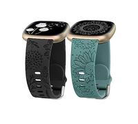 Minyee 2 Pack Floral Engraved Band Compatible with Fitbit Versa 4/Versa 3/Sense 2/Sense Band Women, Cute Silicone Dandelion Sunflower Design Soft Sport Fancy Summer Strap for Versa 4, nero/verde, Only