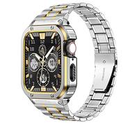 MioHHR Cinturino in acciaio inossidabile con custodia compatibile con Apple Watch Serie 11 10 46 mm, robusto cinturino con copertura protettiva in metallo per iWatch da uomo (argento/oro)