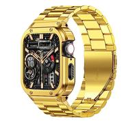 MioHHR Cinturino in acciaio inox massiccio e cassa compatibile con Apple Watch da 45 mm, cinturino in metallo robusto da uomo e copertura protettiva paraurti per iWatch serie 7 (oro, 45 mm)