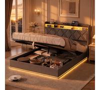 MIOOSUT Letto baule 140 × 200 con LED e porte USB, testiera imbottita con ripiani aperti e ripostiglio nascosto, letto matrimoniale con idraulica, rete a doghe in lino, senza materasso (grigio E, 140