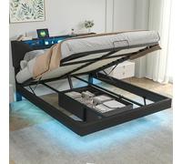 MIOOSUT Letto baule 160 x 200 cm con rete, letto 160 x 200 cm con LED e USB letto matrimoniale cassapanca con testiera imbottita con rete a doghe letto imbottito a LED per letto matrimoniale (PU nero,