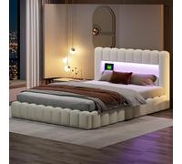 MIOOSUT Letto baule imbottito 180 x 200 con rete, letti per 2 persone con spazio di archiviazione e testata, letti imbottiti con LED e USB, telaio del letto 180 x 200 cm, lino, beige, senza materasso