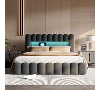 MIOOSUT Letto baule imbottito 180 x 200 con rete, letti per 2 persone con spazio portaoggetti e testiera dei letti, letti imbottiti con LED e USB, telaio del letto 180 x 200 cm, lino, grigio, senza