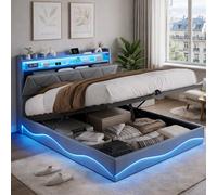 MIOOSUT Letto Cassaforte 160 x 200 cm con LED e porte USB, Letti matrimoniali Capitonné con stoccaggio idraulico, testiera con ripiani aperti, letti adulti e adolescenti, senza materassi (grigio F