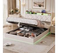 MIOOSUT Letto con Contenitore 160×200 con LED e Porte USB, Testiera Imbottita con Mensole Aperte e Ripostiglio Nascosto, Letto Matrimoniale con Meccanismo Idraulico, Sommier a Doghe, Lino, senza