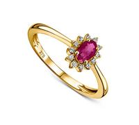 MIORE anello di fidanzamento a grappolo con diamanti e rubino in oro giallo 9 carati 375 12 diamanti naturali di 0,07 carati e un rubino rosso naturale ovale di 0,31 carati