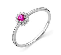 MIORE Anello Donna Oro Bianco 9KT 375. Anello con Rubino Centrale e Contorno di Diamanti Naturali. Anello Fidanzamento. Gioielli Donna Anallergici. Scatola Portagioie