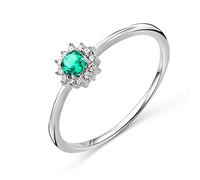 MIORE Anello Donna Oro Bianco 9KT 375. Anello con Smeraldo Centrale e Contorno di Diamanti Naturali. Anello Fidanzamento. Gioielli Donna Anallergici. Scatola Portagioie