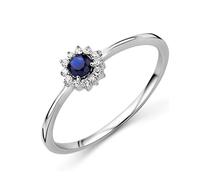 MIORE Anello Donna Oro Bianco 9KT 375. Anello con Zaffiro Centrale e Contorno di Diamanti Naturali. Anello Fidanzamento. Gioielli Donna Anallergici. Scatola Portagioie