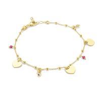 MIORE Bracciale Donna Argento Sterling 925 Placcato Oro 18K, Braccialetto con 3 Cuori Dorati e 4 Perline, Catenina da 19 cm (Estensione da 2 cm) Gioielli Made in Italy, con Custodia Portagioie