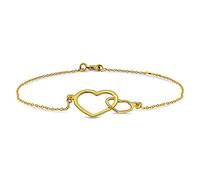 MIORE Braccialetto Due Cuori Oro Giallo, Vero Oro 9KT 375, Catenina con Cuori Lucidi Uniti Realizzata in Italia -Bracciale Donna anallergico Lungo Cm 18 con anello per riduzione a Cm 16.