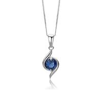 MIORE Collana Donna Oro Bianco con Zaffiro Blu Rotondo Incassato su bordo d'Oro Lucido, Oro 9KT 375, Catenina con Pendente Ciondolo con Catena anallergica. Catenina Cm.45.