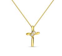Miore - Gioiello da donna con diamante 0,05 kt, collana con ciondolo a croce con brillante e catena in oro giallo, oro bianco 9 carati, oro 375, Oro, Diamante