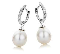 Miore - Orecchini Cerchio con Diamanti e Perle Naturali in Vero Oro Bianco 9KT 375, Orecchini Pendenti con Perle coltivate e Brillanti, Boccole anallergiche - perno passante e farfalla a pressione.
