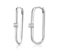 Miore Orecchini Donna Argento, Orecchino cerchio Ovale in Argento 925 e 2 Zirconi solitari. Orecchino Classico anallergico con perno e scatto.