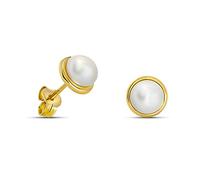 Miore Orecchini Donna con Perle Coltivate, Oro Giallo 9KT | Orecchini a lobo da donna in Oro Giallo 9KT, con perle coltivate d'acqua dolce da 5-5,5 mm, racchiuse in un bordo tondo.