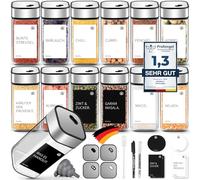 Miorkly Set di 12 barattoli per spezie rettangolari, 120 ml, con inserto per spargimento, spargispezie con guarnizione resistente con coperchio girevole, organizer per spezie in vetro in acciaio inox,