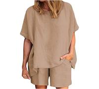 Mioygocq Completo casual da donna in 2 pezzi, in cotone e lino, set da salotto a tinta unita, maglietta a maniche corte e pantaloncini, comodo abbigliamento da casa per feste, spiaggia e vacanze, Caff