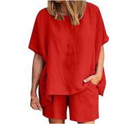 Mioygocq Completo casual da donna in 2 pezzi, in cotone e lino, set da salotto a tinta unita, maglietta a maniche corte e pantaloncini, comodo abbigliamento da casa per feste, spiaggia e vacanze