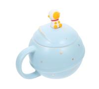 Mipcase Tazza in Ceramica con Coperchio Cucchiaio Astronauta Globo per Casa e Ufficio Coppa Pratica per Tè e Caffè Caldo Base Piatta Antiscivolo Colore Azzurro