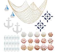 MIPIACE Rete da Pesca Decorativa 2x1.5M Rete da Pesca con Conchiglie Barca a Vela Ancora di Legno Timone di Legno Graffetta Rete da Pesca Cucita a Mano Tema Mare Per Feste Casa Matrimoni Fotografia