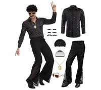MIQEBX Costume da discoteca anni '70 da uomo, camicia e pantaloni con paillettes, con parrucca afro, occhiali da sole, catena dorata e baffi (nero, XXL)