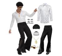 MIQEBX Costume da discoteca anni '70 da uomo, con camicia e pantaloni con paillettes, con parrucca afro, occhiali da sole, catena dorata e baffi (argento, XXL)