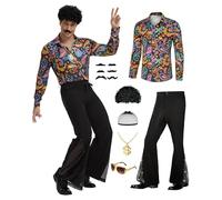 MIQEBX Costume da discoteca anni '70 da uomo, con camicia e pantaloni con paillettes, con parrucca afro, occhiali da sole, catena dorata e baffi (fiore, XL)