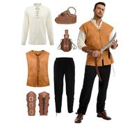 MIQEBX Set da 6 pezzi per costume medievale da pirata rinascimentale, con camicia, gilet, pantaloni, bretelle, faretra e cintura celtica, per travestimenti e Halloween (bianco + marrone, XL)