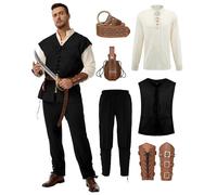 MIQEBX Set da 6 pezzi per costume medievale da pirata rinascimentale, con camicia, gilet, pantaloni, bretelle, faretra e cintura celtica, per travestimenti e Halloween (bianco + nero, XL)