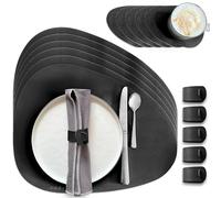 MIQIO Set di 18 tovagliette in ecopelle, con sottobicchieri, in pelle, lavabili, 6 tovagliette in vetro, portatovaglioli | nero | a forma di pietra