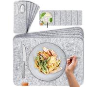 MIQIO Tovaglietta in feltro, set da 18 sottobicchieri, in feltro, lavabile, 6 tovagliette, sottobicchieri in vetro, tasche per posate, grigio chiaro, sottobicchieri rettangolari, tovagliette