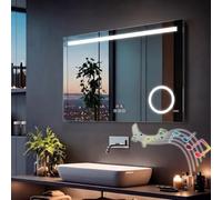 MIQU Specchio da bagno a LED con illuminazione, 100 x 70 cm, specchio 1000 x 700 mm grande con presa di corrente, orologio, Bluetooth, Touch, dimmerabile caldo/bianco senza appannamento, ingrandimento