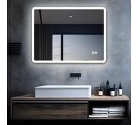MIQU Specchio da bagno a LED con illuminazione 60 x 50 cm specchio da bagno grande con touch, dimmerabile, caldo/bianco, senza appannamento, per WC, corridoio, rettangolo