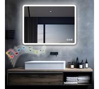 MIQU Specchio da bagno a LED con illuminazione, 80 x 60 cm, specchio da bagno, grande specchio Bluetooth e presa tattile, dimmerabile, luce calda/bianca, senza appannamento, specchio da parete per