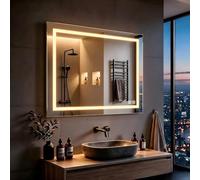 MIQU Specchio da bagno a LED con illuminazione specchio bagno 90 x 60 cm, grande con presa touch, dimmerabile, caldo/bianco, luce anteriore antiappannamento, per WC, corridoio, angoli