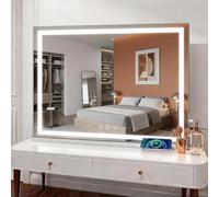 MIQU Specchio da trucco con illuminazione, 80 x 60 cm, specchio Hollywood | Grande specchio da tavolo per tavolo da toeletta, ricarica USB/tipo C, dimmerabile, 3 modalità di illuminazione