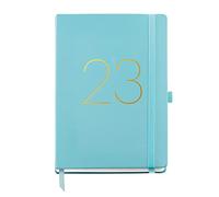 Miquelrius - Agenda annuale 2023 - Giorno Pagina - Dimensione Plus 155 x 213 mm (circa A5) - Copertina rigida simil pelle cucita - Elastico - Spagnolo, Inglese e Portoghese - Acquamarina