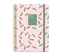 Miquelrius - Agenda giorno per pagina 2026, Similar A5+ (155 x 213 mm), pianificazione giornaliera, copertina rigida cartone, spirale, chiusura elastica, carta 80 g/m², CAT-EN-PT, coriandoli