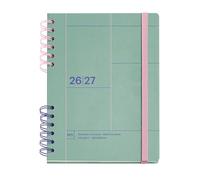 Miquelrius - Agenda scolastica 2026 2027 vista settimanale, 12 mesi, A5+ (16,05×21,8 cm), Cartone testurizzato, Doppia spirale bicolore, Chiusura in gomma, adesivi e segnalibro, Spagnolo-EN-PT, Verde