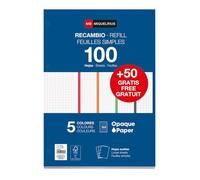 Miquelrius - Blocco di ricarica fogli A4 a quadretti 5x5 mm, 150 fogli da 90 g/m² in 5 colori vivaci, con perforazioni standard per raccoglitore ad anelli, materiale scolastico