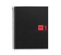 Miquelrius - Quaderno A5, 80 fogli da 70 g/m² e 1 striscia di colore, Quaderni a quadretti 5 mm, 2 fori, Copertina in polipropilene, Notebook The Original, Colore nero/rosso