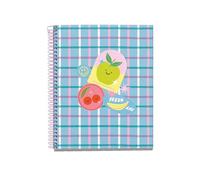 Miquelrius - Taccuino A5 (148 x 210 mm), 100 fogli a righe da 70 g/m², copertina in cartone rigido, 4 bande colorate, spirale, 2 fori, taccuino a righe, cancelleria carina, Happy Fruits
