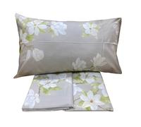 Mirabello completo lenzuola due piazze in Puro Percalle di Cotone 100% art. Fiori Magnolia (Fondo Beige 00M)