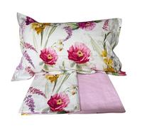 Mirabello Completo Lenzuola letto Due piazze in fine Percalle di Cotone, Effetto copriletto con Doppia Balza Art. Charming Flowers (Fondo Bianco 80B)