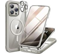 Miracase Cover per iPhone 15 Pro Magnetica Serie Vetro, 360° Bumper Militare Antiurto Paraurti Custodia, Compatibile con Magsafe e Pellicola 9H Vetro Temperato & Protezione Della Fotocamera, Titanio